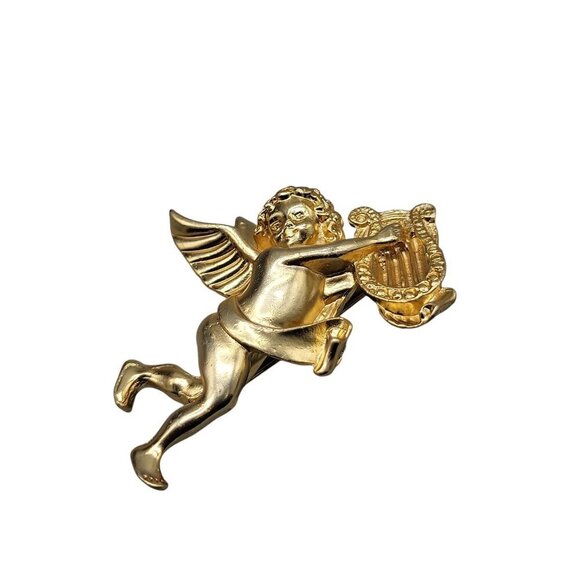 Cherub Brooch Large Matte Gold Tone Angel Pendant Playing Harp Vintage - Picture 6 of 9